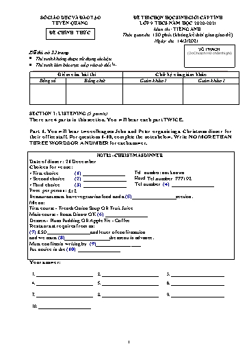 Đề thi chọn học sinh giỏi cấp tỉnh Tiếng Anh Lớp 9 - Năm học 2020-2021 - Sở GD&ĐT Tuyên Quang (Có file nghe và đáp án)