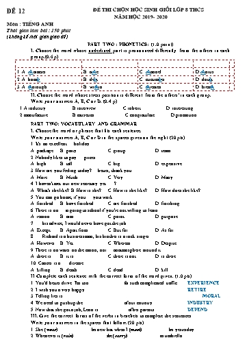 Đề thi chọn học sinh giỏi Tiếng Anh Lớp 8 - Đề 12 (Có hướng dẫn chấm)