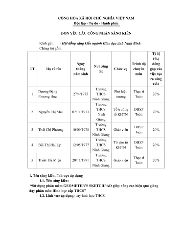 Đơn công nhận SKKN Sử dụng phần mềm Geometer’s sketchpad giúp nâng cao hiệu quả giảng dạy phân môn Hình học cấp THCS