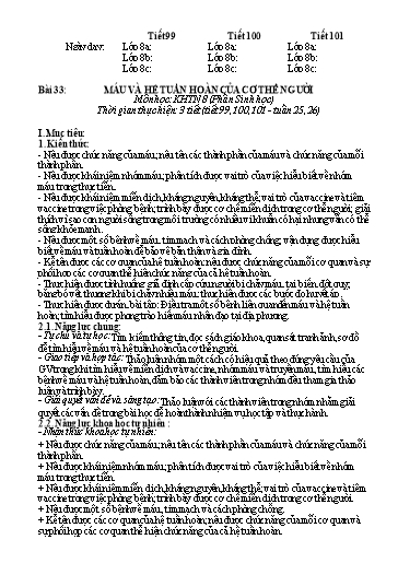 Kế hoạch bài dạy Khoa học tự nhiên Lớp 8 Sách Kết nối tri thức - Phần: Sinh học - Bài 33: Máu và hệ tuần hoàn của cơ thể người