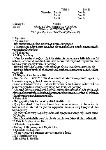 Kế hoạch bài dạy Khoa học tự nhiên Lớp 8 Sách Kết nối tri thức - Bài 26: Năng lượng nhiệt và nội năng
