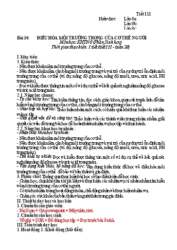 Kế hoạch bài dạy Khoa học tự nhiên Lớp 8 Sách Kết nối tri thức - Bài 36: Điều hòa môi trường trong của cơ thể người
