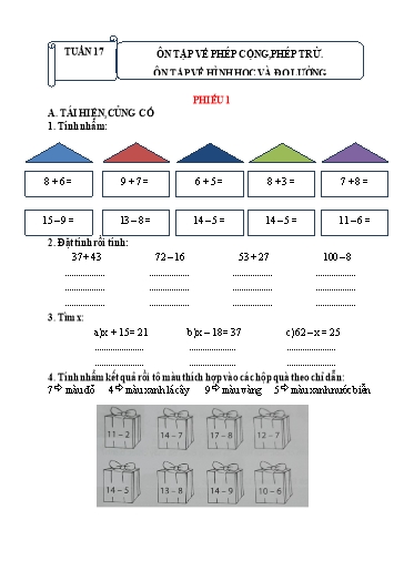 3 Phiếu bài tập môn Toán 2 - Tuần 17 - Bài: Ôn tập về phép cộng, phép trừ. Ôn tập về hình học và đo lường - Trường Tiểu học Nhân Hòa