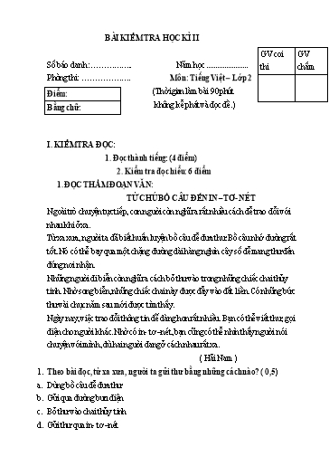 Bài kiểm tra học kì 2 Tiếng Việt 2 - Đề 3 - Trường Tiểu học Nhân Hòa (Có đáp án)
