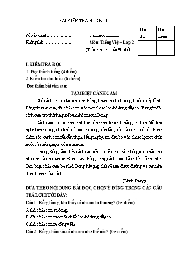 Bài kiểm tra học kì 2 Tiếng Việt 2 - Đề 4 - Trường Tiểu học Nhân Hòa (Có đáp án)