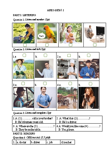 Đề khảo sát chất lượng học kì 2 môn Tiếng Anh Lớp 3 - Đề 2 - Năm học 2023-2024 - Trường Tiểu học Nhân Hòa (Có đáp án)