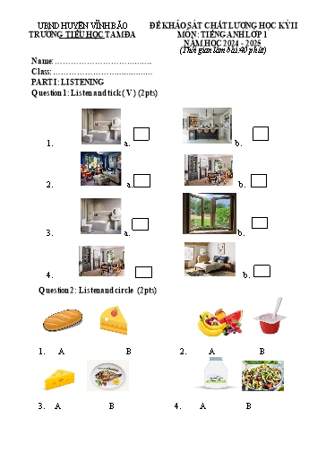 Đề khảo sát chất lượng học kì 2 Tiếng Anh Lớp 1 - Năm học 2024-2025 - Trường Tiểu học Tam Đa