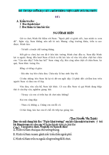 Đề ôn tập giữa học kì 1 môn Tiếng Việt 3 (Kết nối tri thức) - Đề 1 - Trường Tiểu học Nhân Hòa