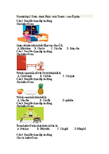 Đề ôn tập Vioedu Lớp 1 - Chủ đề: Trên - Dưới. Phải - Trái. Trái - Sau. Ở giữa