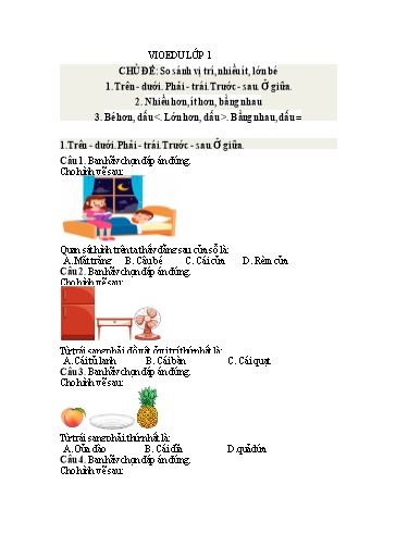 Đề ôn tập Vioedu môn Toán 1 (Vòng 3) - Chủ đề: So sánh vị trí, nhiều ít, lớn bé