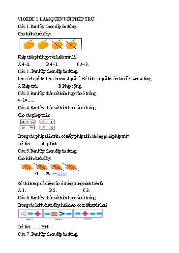 Đề ôn Vioedu môn Toán Lớp 1 - Chủ đề: Làm quen với phép trừ