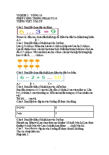 Đề ôn Vioedu môn Toán + Tiếng Việt 1 (Vòng 10) - Chủ đề: Phép cộng trong phạm vi 10. Tiếng việt vần um, up