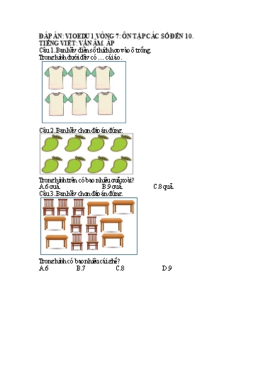 Đề ôn Vioedu môn Toán + Tiếng Việt 1 (Vòng 7) - Chủ đề: Ôn tập các số đến 10. Tiếng Việt vần âm, âp (Có đáp án)
