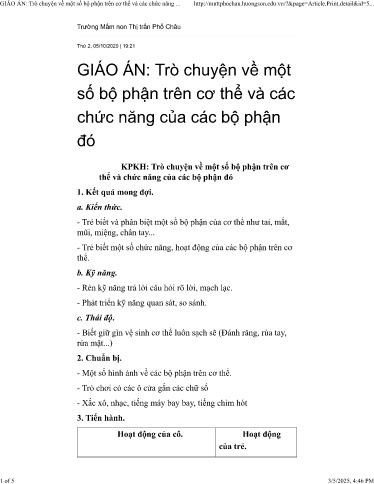 Giáo án bài dạy Mầm non Lớp Chồi - Chủ đề: Nghề nghiệp - Đề tài: Khám phá khoa học. Trò chuyện về một số bộ phận trên cơ thể và chức năng của các bộ phận đó - Năm học 2020-2021 - Trường Mầm non Thị Trấn Phố Châu
