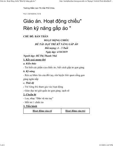 Giáo án Mầm non Lớp Chồi - Chủ đề: Bản thân - Đề tài: Dạy trẻ kỹ năng gấp áo - Năm học 2019-2020 - Hồ Thị Thanh Nhã