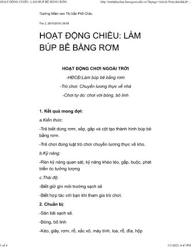 Giáo án Mầm non Lớp Chồi - Đề tài: Hoạt động chiều Làm búp bê bằng rơm. Trò chơi: Chuyển lương thực về nhà. Chơi tự do: Chơi với bóng, bô linh - Năm học 2019-2020 - Trường Mầm non Thị trấn Phố Châu