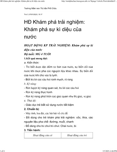 Giáo án Mầm non Lớp Chồi - Đề tài: Khám phá trải nghiệm. Khám phá sự kì diệu của nước - Năm học 2019-2020 - Trường Mầm non Thị trấn Phố Châu
