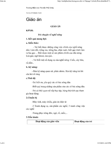 Giáo án Mầm non Lớp Chồi - Đề tài: Khám phá xã hội. Trò chuyện về nghề nông - Năm học 2020-2021 - Lê Thị Thủy