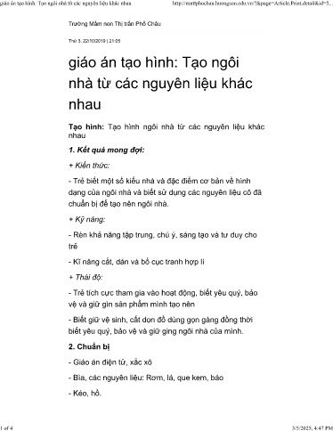 Giáo án Mầm non Lớp Chồi - Đề tài: Tạo ngôi nhà từ các nguyên liệu khác nhau - Năm học 2019-2020 - Trường Mầm non Thị Trấn Phố Châu