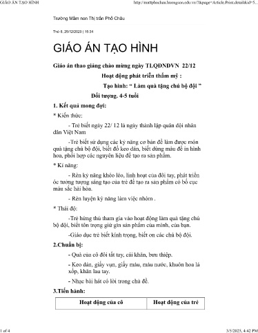 Giáo án Mầm non Lớp Chồi - Lĩnh vực: Phát triển thẩm mỹ - Đề tài: Tạo hình làm quà tặng chú bộ đội - Năm học 2019-2020 - Trường Mầm non Thị Trấn Phố Châu