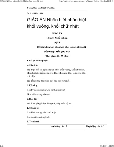 Giáo án Mầm non Lớp Lá - Chủ đề: Nghề nghiệp - Đề tài: Nhận biết phân biệt khối vuông, khối chữ nhật - Năm học 2019-2020 - Thái Hoài Thương
