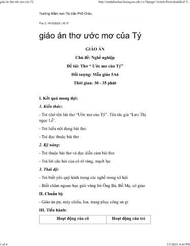 Giáo án Mầm non Lớp Lá - Chủ đề: Nghề nghiệp - Đề tài: Thơ Ước mơ của Tý - Năm học 2020-2021 - Thái Hoài Thương