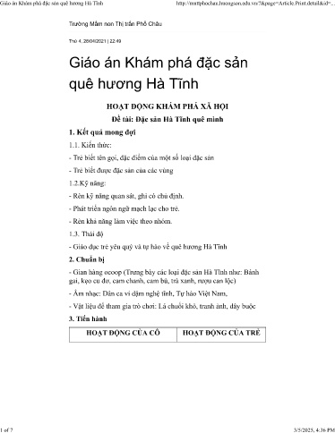 Giáo án Mầm non Lớp Lá - Đề tài: Đặc sản Hà Tĩnh quê mình - Năm học 2020-2021 - Nguyễn Thị Hậu Vương