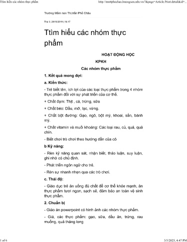 Giáo án Mầm non Lớp Lá - Đề tài: Hoạt động học khám phá xã hội. Các nhóm thực phẩm - Năm học 2019-2020 - Trường Mầm non Thị trấn Phố Châu