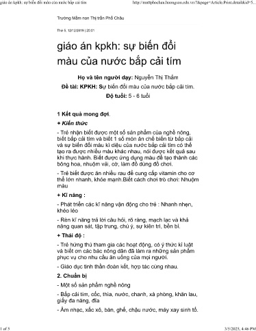 Giáo án Mầm non Lớp Lá - Đề tài: Khám phá khoa học. Sự biến đổi màu của nước bắp cải tím - Năm học 2019-2020 - Nguyễn Thị Thắm