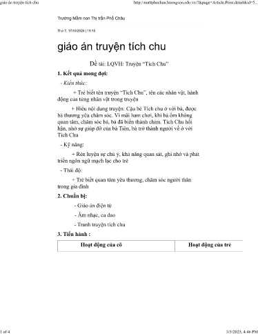 Giáo án Mầm non Lớp Lá - Đề tài: Làm quen văn học. Truyện Tích chu - Năm học 2020-2021 - Thái Hoài Thương