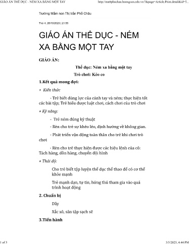 Giáo án Mầm non Lớp Lá - Đề tài: Thể dục ném xa bằng một tay. Trò chơi kéo co - Năm học 2020-2021 - Nguyễn Thị Tâm