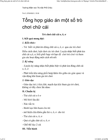 Giáo án Mầm non Lớp Lá - Đề tài: Tổng hợp giáo áo một số chơi chữ cái. Trò chơi chữ cái o, ô, ơ - Năm học 2020-2021 - Phạm Thị Thu