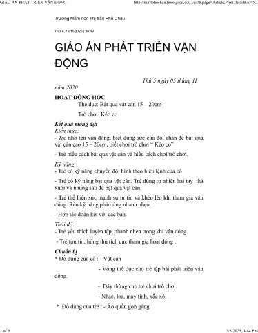 Giáo án Mầm non Lớp Lá - Lĩnh vực: Phát triển vận động - Đề tài: Thể dục Bật qua vật cản 15-20cm. Trò chơi: Kéo co - Năm học 2020-2021 - Trường Mầm non Thị Trấn Phố Châu