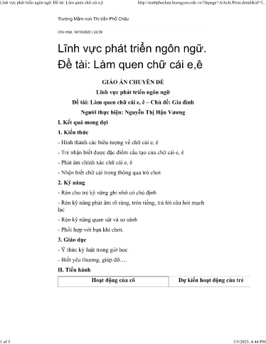Giáo án Steam Mầm non Lớp Chồi - Chủ đề: Gia đình - Đề tài: Làm quen chữ cái e, ê - Năm học 2020-2021 - Nguyễn Thị Hậu Vương