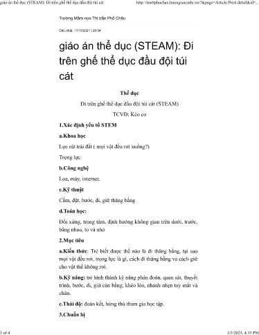 Giáo án Steam Mầm non Lớp Lá - Đề tài: Thể dục đi trên ghế thể dục đầu đội túi cát. Trò chơi kéo co - Năm học 2021-2022 - Thái Hoài Thương