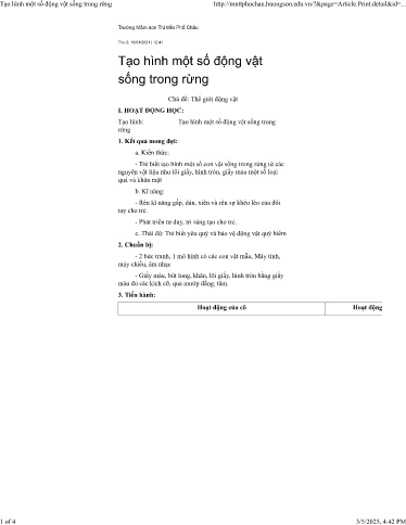 Kế hoạch bài dạy Mầm non Lớp Chồi - Chủ đề: Thế giới động vật - Đề tài: Tạo hình một số động vật sống trong rừng - Năm học 2020-2021 - Trường Mầm non Thị trấn Phố Châu