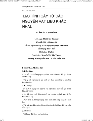 Kế hoạch bài dạy Mầm non Lớp Chồi - Chủ đề: Thế giới thực vật - Đề tài: Tạo hình cây từ các nguyên vật liệu khác nhau - Nguyễn Thị Hậu Vương