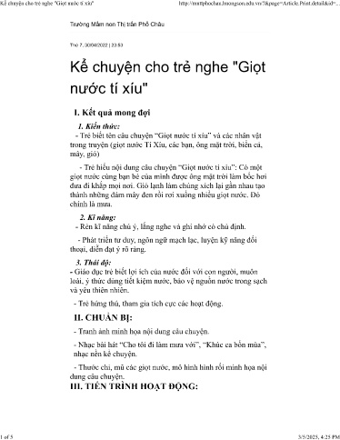 Kế hoạch bài dạy Mầm non Lớp Chồi - Đề tài: Kể chuyện cho trẻ nghe Giọt nước tý xíu - Năm học 2021-2022 - Trường Mầm non Thị trấn Phố Châu