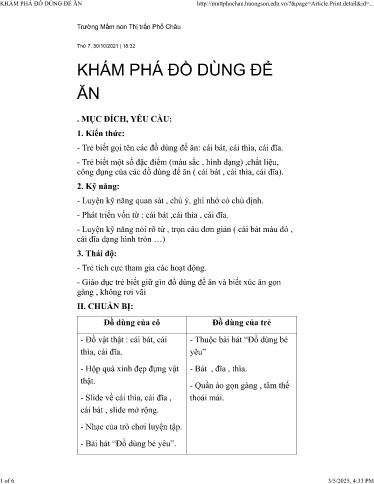 Kế hoạch bài dạy Mầm non Lớp Chồi - Đề tài: Khám phá đồ dùng để ăn - Năm học 2021-2022 - Trường Mầm non Thị trấn Phố Châu