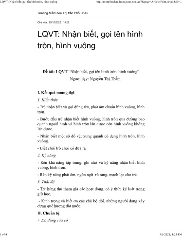 Kế hoạch bài dạy Mầm non Lớp Chồi - Đề tài: Làm quen với Toán. Nhận biết, gọi tên hình tròn, hình vuông - Năm học 2022-2023 - Nguyễn Thị Thắm