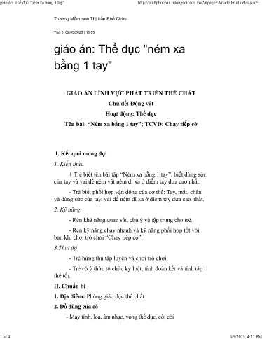 Kế hoạch bài dạy Mầm non Lớp Chồi - Lĩnh vực: Phát triển thể chất - Đề tài: Thể dục ném xa bằng một tay. Trò chơi vận động: Chạy tiếp cờ - Năm học 2022-2023 - Nguyễn Thị Thắm