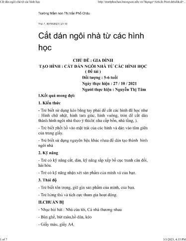 Kế hoạch bài dạy Mầm non Lớp Lá - Chủ đề: Gia đình - Đề tài: Tạo hình cắt dán ngôi nhà từ các hình học - Nguyễn Thị Tâm