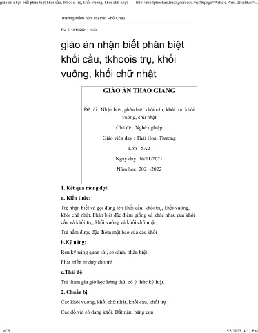 Kế hoạch bài dạy Mầm non Lớp Lá - Chủ đề: Nghề nghiệp - Đề tài: Nhận biết phân biệt khối cầu, khối trụ, khối vuôn, khối chữ nhật - Năm học 2021-2022 - Thái Hoài Thương