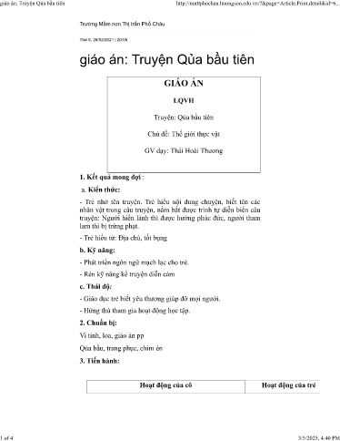 Kế hoạch bài dạy Mầm non Lớp Lá - Chủ đề: Thế giới thực vật - Đề tài: Truyện Quả bầu tiên - Năm học 2021-2022 - Thái Hoài Thương