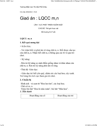 Kế hoạch bài dạy Mầm non Lớp Lá - Chủ đề: Thế giới thực vật - Đề tài: Làm quen chữ cái m,n - Trường Mầm non Thị Trấn Phố Châu