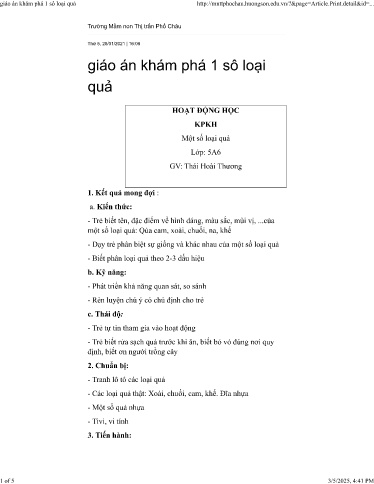 Kế hoạch bài dạy Mầm non Lớp Lá - Đề tài: Khám phá một số loại quả - Thái Hoài Thương