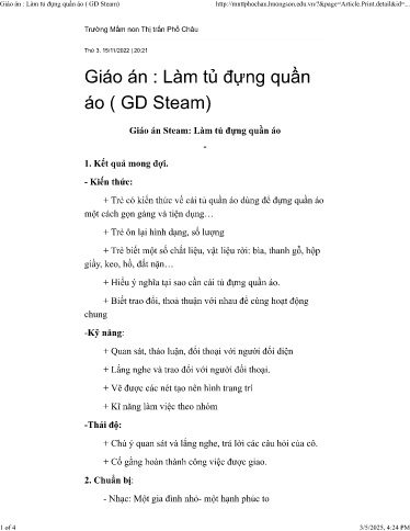 Kế hoạch bài dạy Mầm non Lớp Lá - Đề tài: Làm tủ đựng quần áo (Giáo dục Steam) - Năm học 2021-2022 - Trần Thị Hồng Nhung