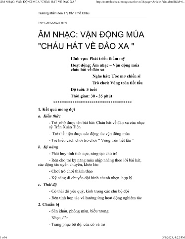 Kế hoạch bài dạy Mầm non Lớp Lá - Lĩnh vực: Phát triển thẩm mỹ - Đề tài: Vận động múa Cháu hát về đảo xa - Phạm Thị Hương Trà