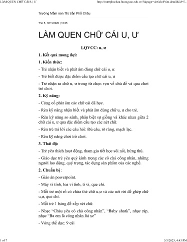 Kế hoạch bài dạy Steam Mầm non Lớp Chồi - Lĩnh vực: Phát triển thẩm mỹ - Đề tài: Làm quen chữ cái u, ư - Năm học 2020-2021 - Nguyễn Thị Thu Hiền