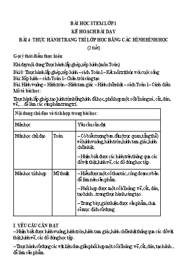 Kế hoạch dài dạy Stem Toán 1 - Bài 4: Thực hành trang trí lớp học bằng các hình hình học - Trường Tiểu học Vĩnh Phong-Tiền Phong